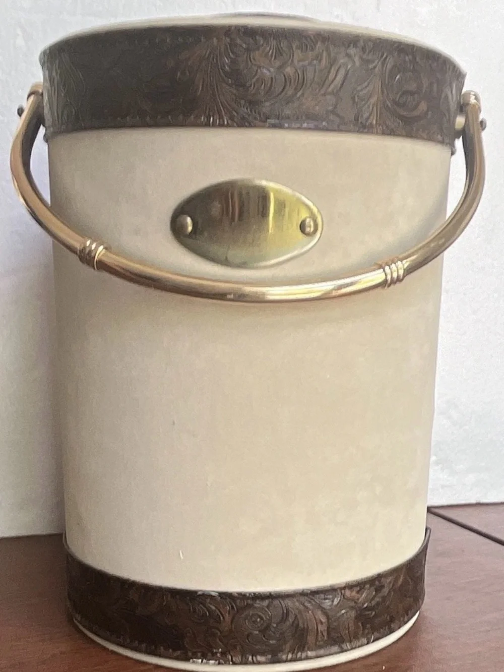 Vintage ice bucket with tooled leather trim by Sigma Bar Ware